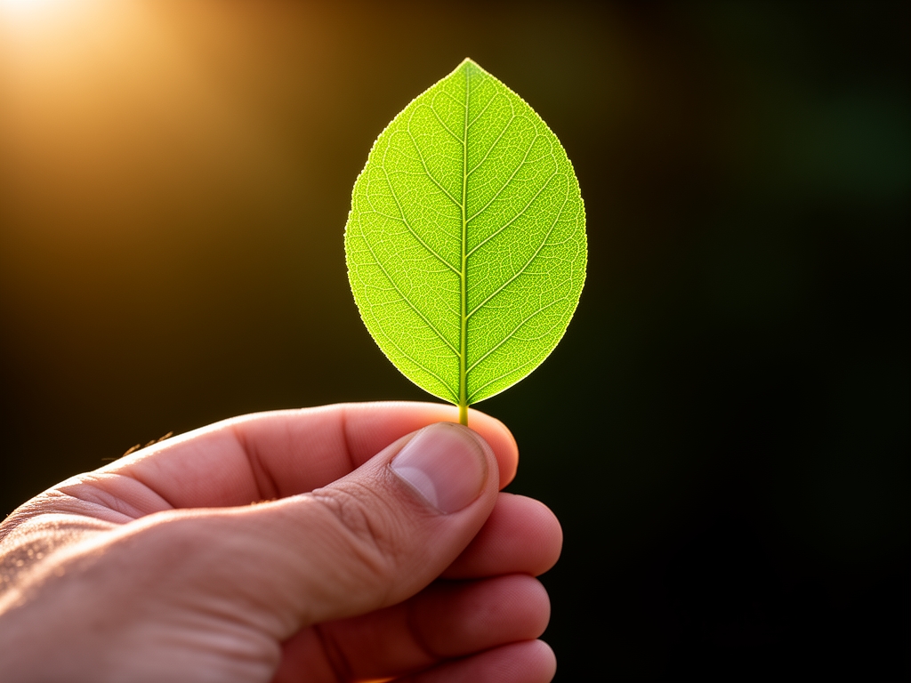 Mano de persona adulta sosteniendo delicadamente una hoja verde joven con textura detallada, sobre fondo oscuro y desenfocado con luz cálida lateral, simbolizando conocimiento y crecimiento sostenido