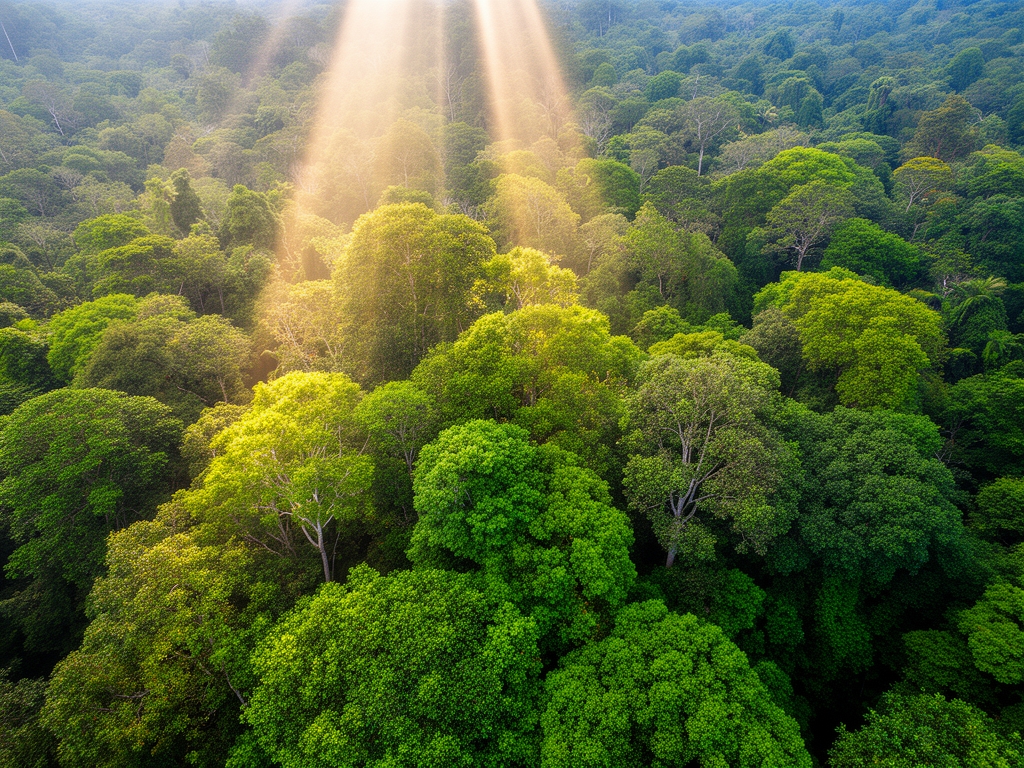 Vista aérea de bosque tropical denso con copas de árboles verdes exuberantes y rayos de luz solar filtrándose entre el follaje, evocando naturaleza y vitalidad