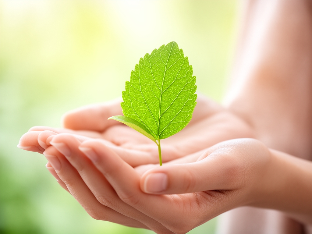 Manos de mujer adulta sosteniendo una hoja de planta verde joven con textura delicada, sobre fondo de luz natural suave, simbolizando renovación y cuidado natural de la piel