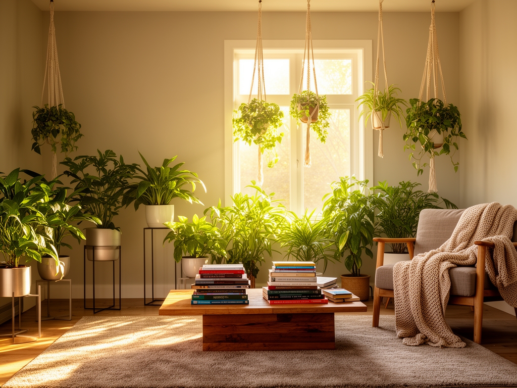 Espacio de vida ordenado y luminoso con plantas naturales, libros apilados y luz de tarde entrando por ventana, representando un entorno favorecedor del bienestar cotidiano