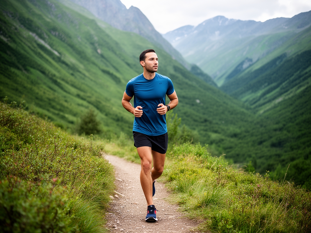 Hombre adulto activo caminando en sendero natural entre montañas verdes, con postura erguida y expresión tranquila, representando vitalidad y energía sostenida