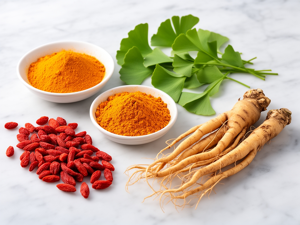Selección de ingredientes naturales incluyendo cúrcuma en polvo, extracto de ginkgo, bayas de goji y raíz de ginseng sobre superficie de mármol blanco