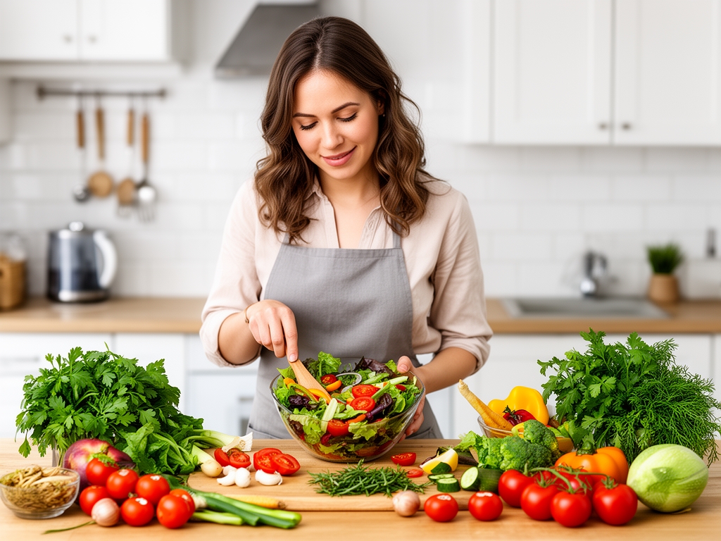 Mujer joven preparando ensalada fresca y colorida en cocina luminosa con ingredientes naturales y hierbas aromáticas sobre la encimera