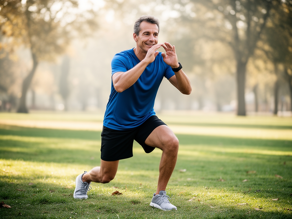 Hombre adulto practicando ejercicio físico moderado al aire libre en parque natural con luz matutina suave, mostrando vitalidad y bienestar