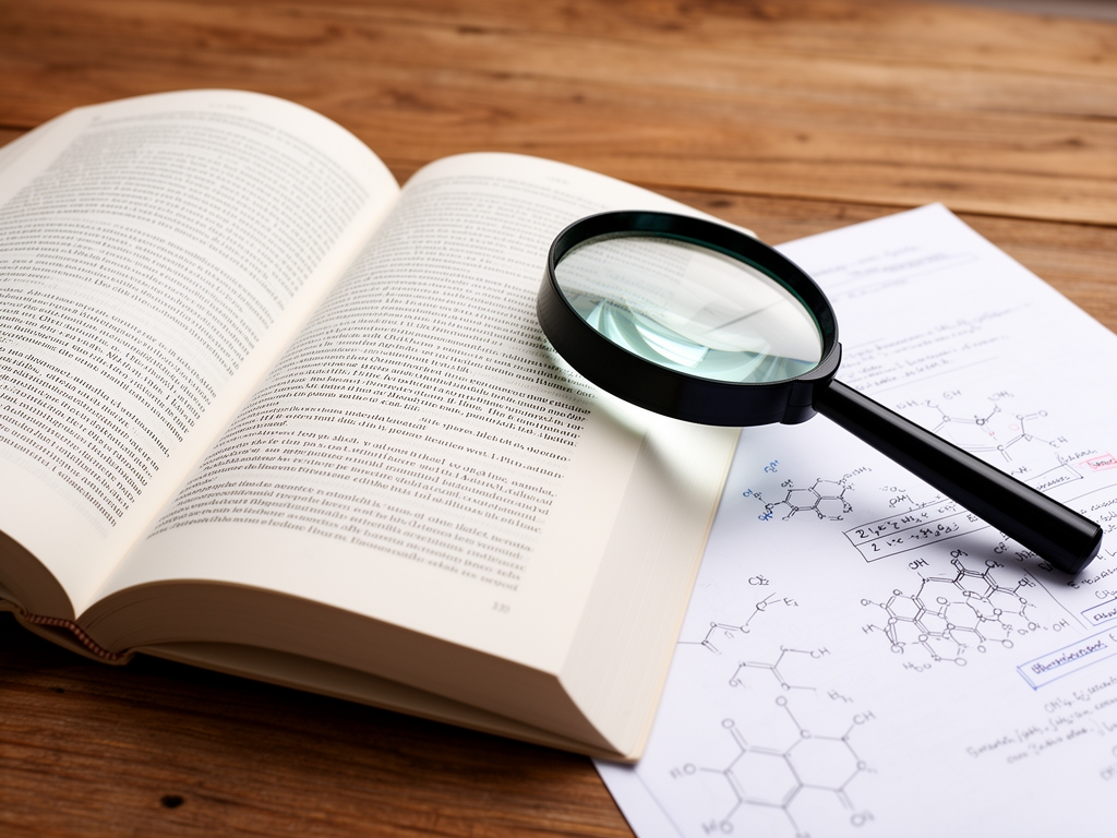 Libro abierto sobre escritorio de madera con lupa y notas científicas, representando investigación y conocimiento académico sobre bienestar