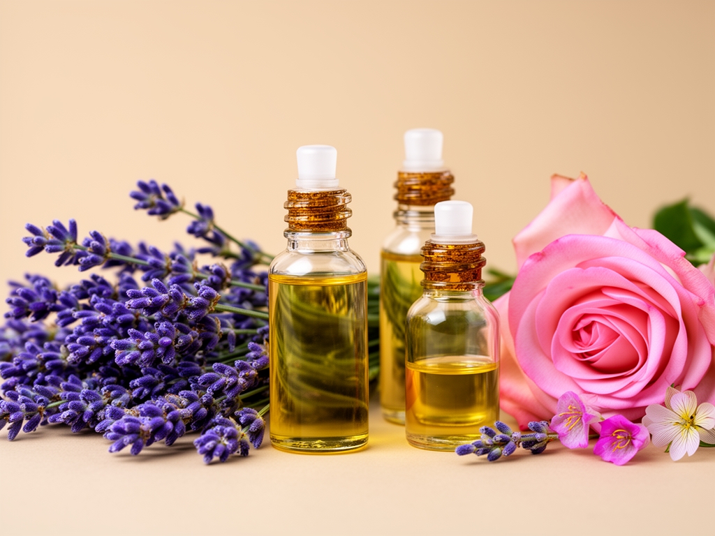 Frascos de vidrio con aceites esenciales naturales y extractos botánicos junto a flores frescas de lavanda y rosa sobre fondo beige suave